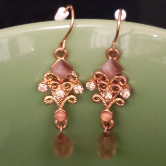 Vintage Ornate Gold & Brown Eye of Tiger Pink Beaded Dangle Earrings - Picture 2 of 6